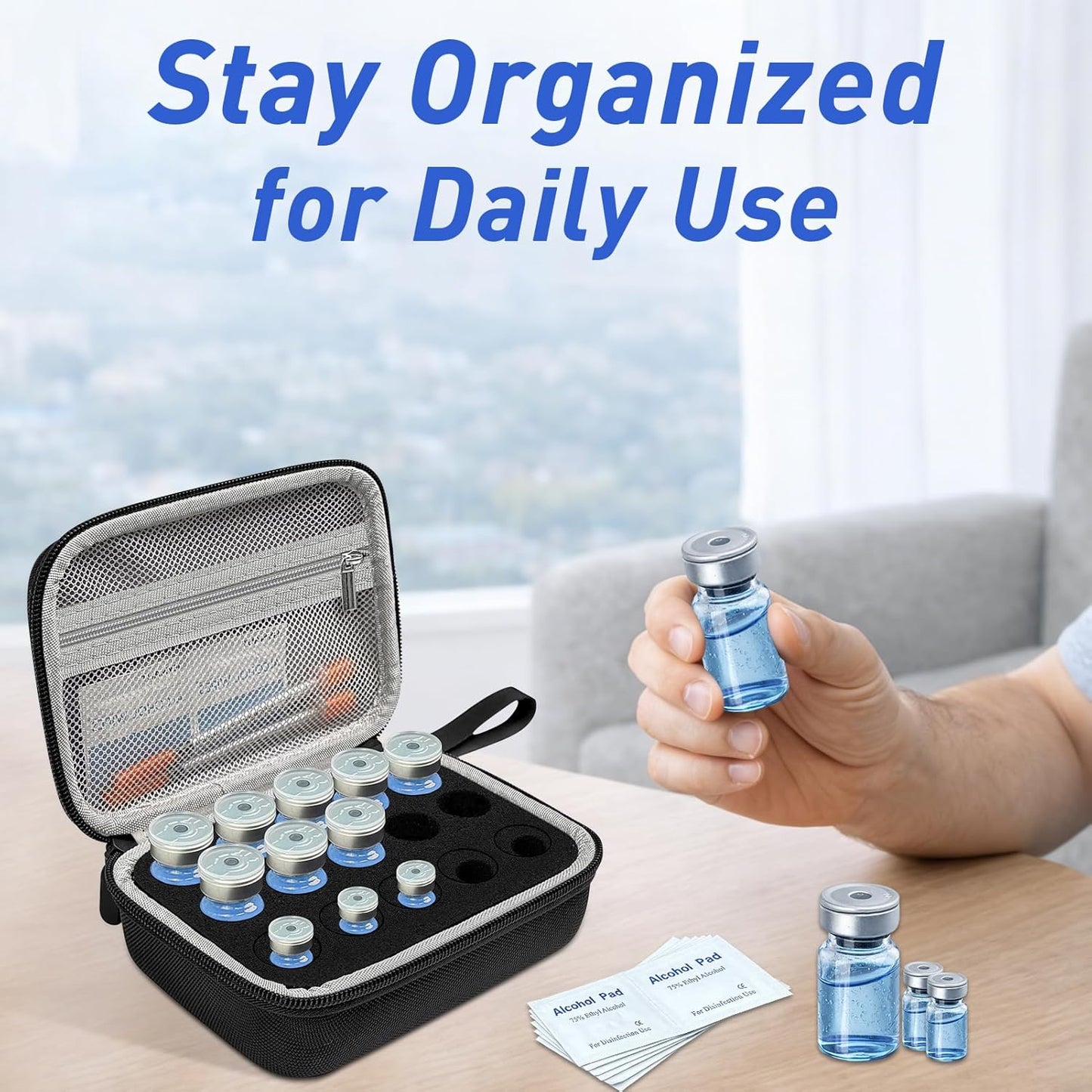 3/5/10ML Peptide Case – 15-Slot Peptide Organizer with Mesh Pocket, Fits 3Ml 5Ml and 10Ml Vials Bottles, Peptide Storage Case for Fridge (Bag Only)