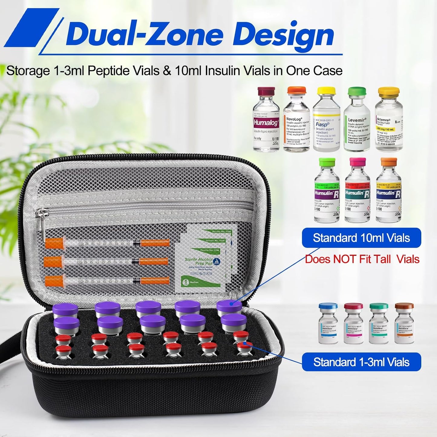 Peptide Case for Fridge, 22 Vial Case for Diabetic Insulin Storage Cases | Vial Case for Fridge Storage Standard 1Ml 3Ml 5Ml 10Ml Diabetes Medication Organizer Peptide Vial Holder W/Strap & Meshpocket