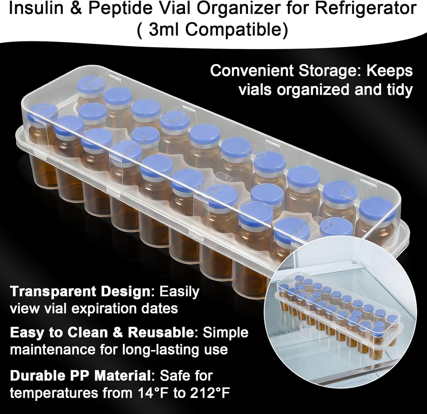 3 Pack Peptide Case for Fridge 24 Slot 3Ml Vials Organizer Stackable Vial Storage Case Insulin Bottle Holder Set Transparent Vial Holder for Refrigerator Organizer Solution Travel Home Portable