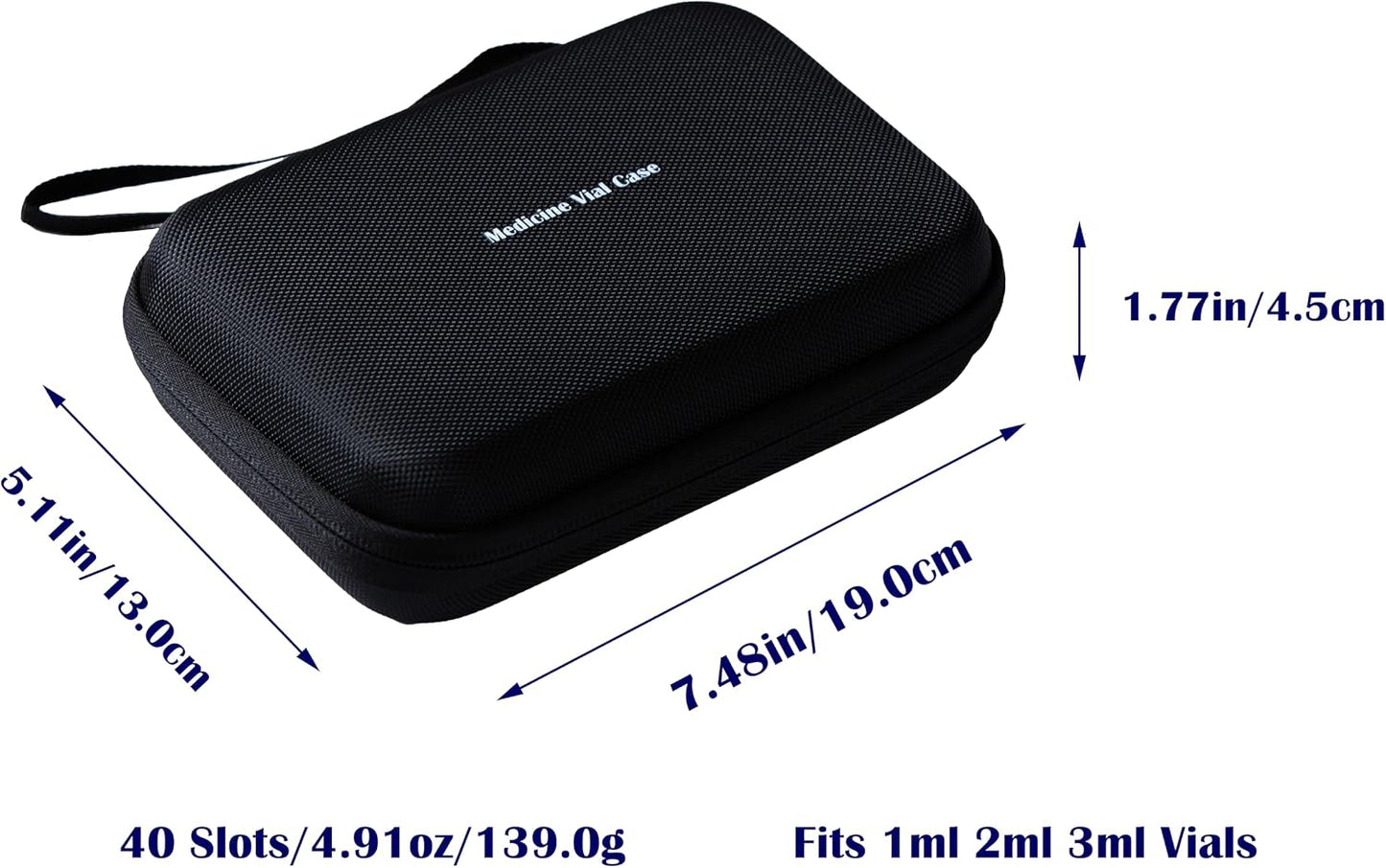 40 Slots, Peptide Case 3Ml for Fridge, Fits 1-3Ml Vial Storage for Peptide, Insulin, GLP-1 Etc,With Hand Strap and Logo,Black, Case Only