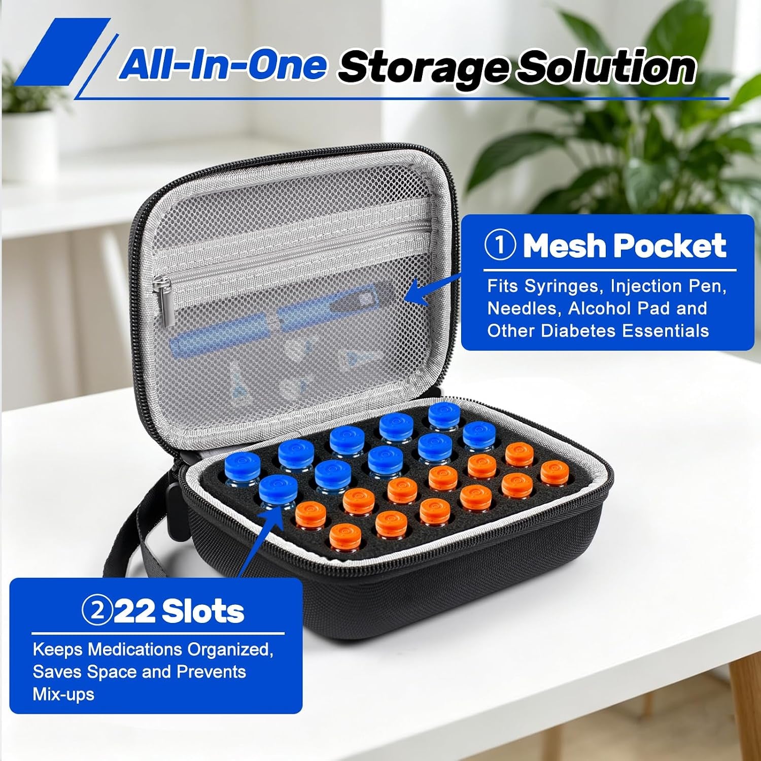 Peptide Case for Fridge, 22 Vial Case for Diabetic Insulin Storage Cases | Vial Case for Fridge Storage Standard 1Ml 3Ml 5Ml 10Ml Diabetes Medication Organizer Peptide Vial Holder W/Strap & Meshpocket