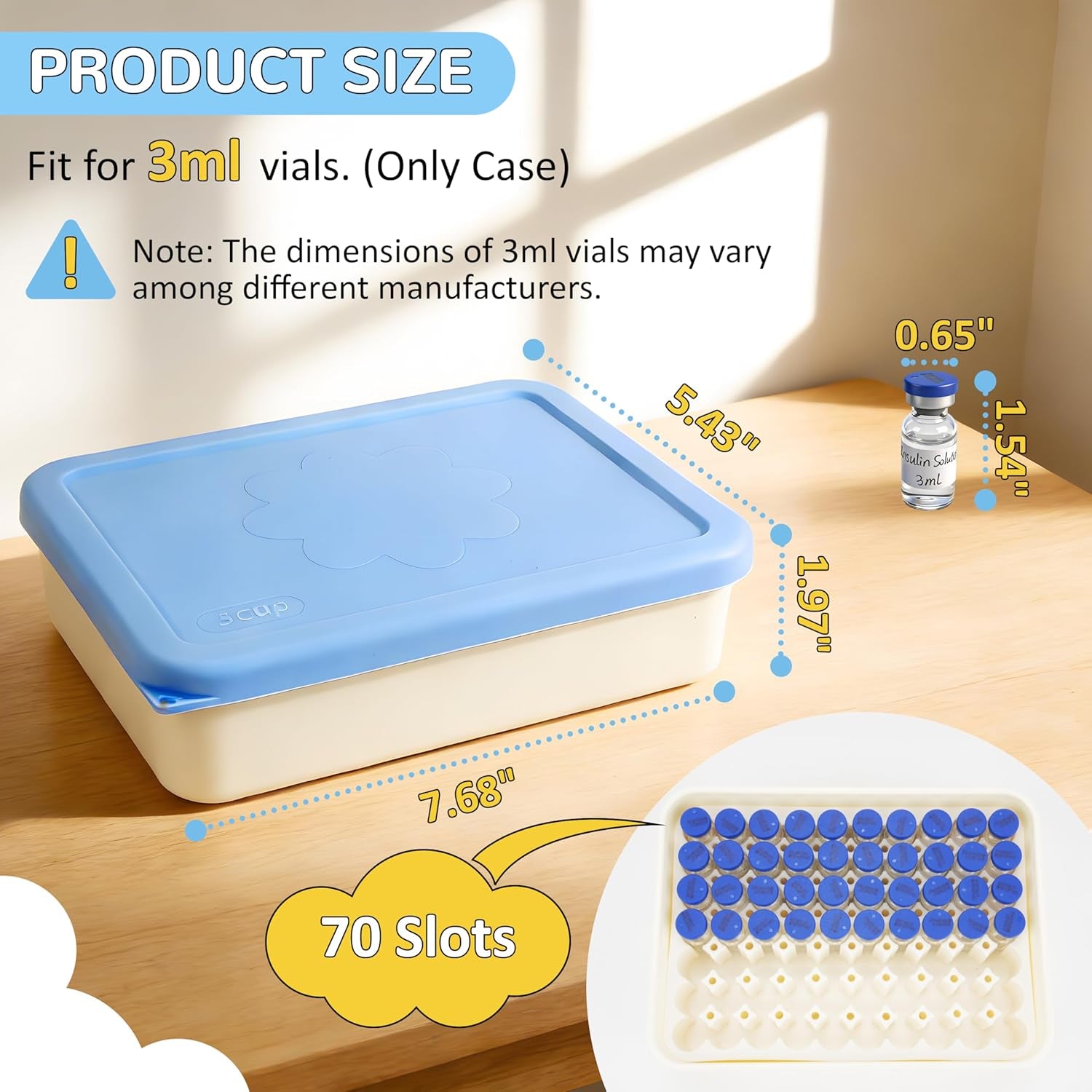 3Ml Vial Peptide Storage Case, 70-Slot Hard Shell Peptide & Insulin Vial Holder with Soft Insert & Silicone Lid - Freezer & Refrigerator Safe, Compact for Home & Travel (Case Only)