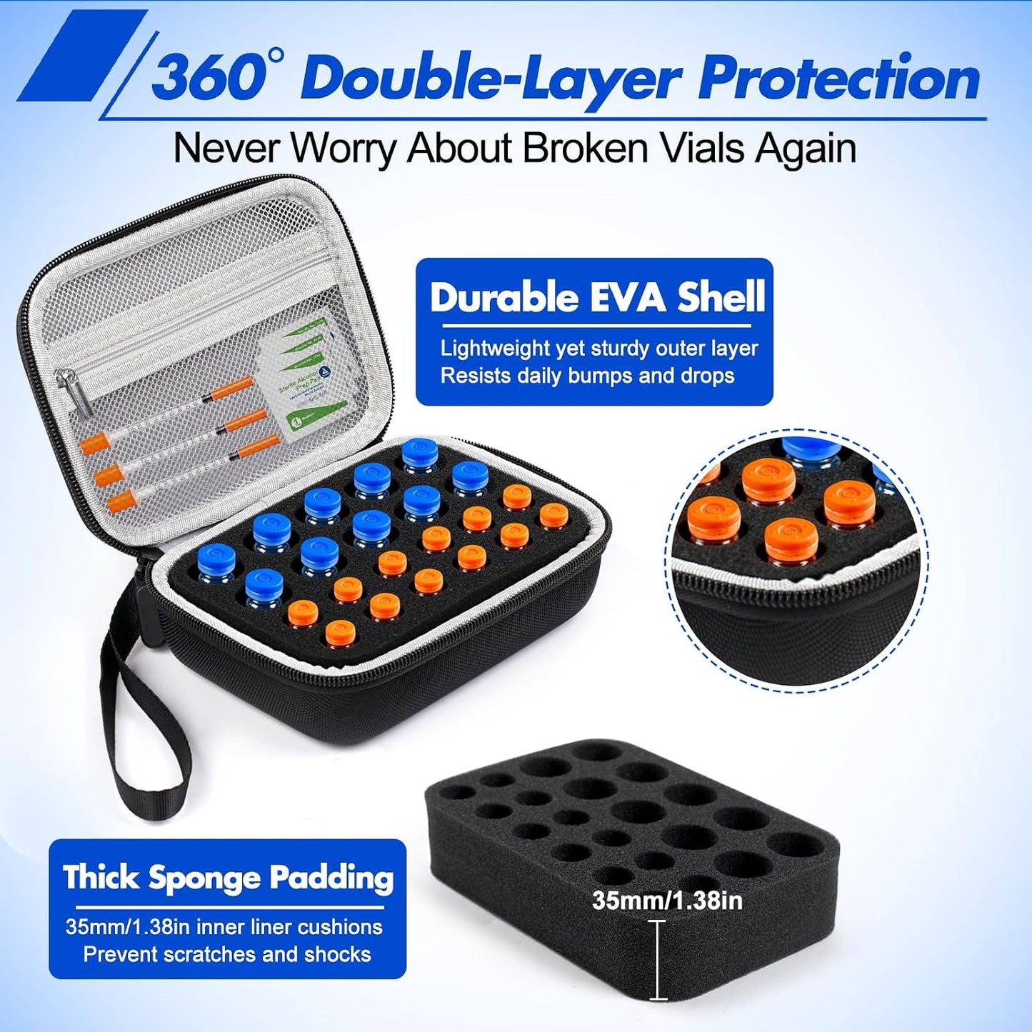 Peptide Case for Fridge, 22 Vial Case for Diabetic Insulin Storage Cases | Vial Case for Fridge Storage Standard 1Ml 3Ml 5Ml 10Ml Diabetes Medication Organizer Peptide Vial Holder W/Strap & Meshpocket
