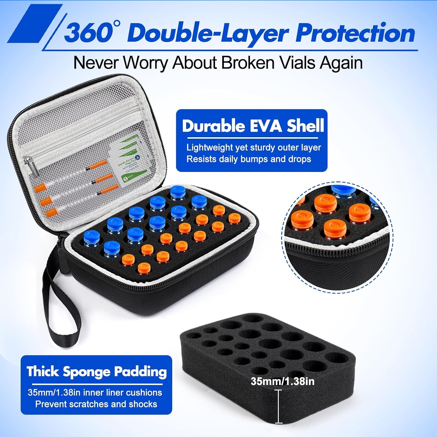 Peptide Case for Fridge, 22 Vial Case for Diabetic Insulin Storage Cases | Vial Case for Fridge Storage Standard 1Ml 3Ml 5Ml 10Ml Diabetes Medication Organizer Peptide Vial Holder W/Strap & Meshpocket