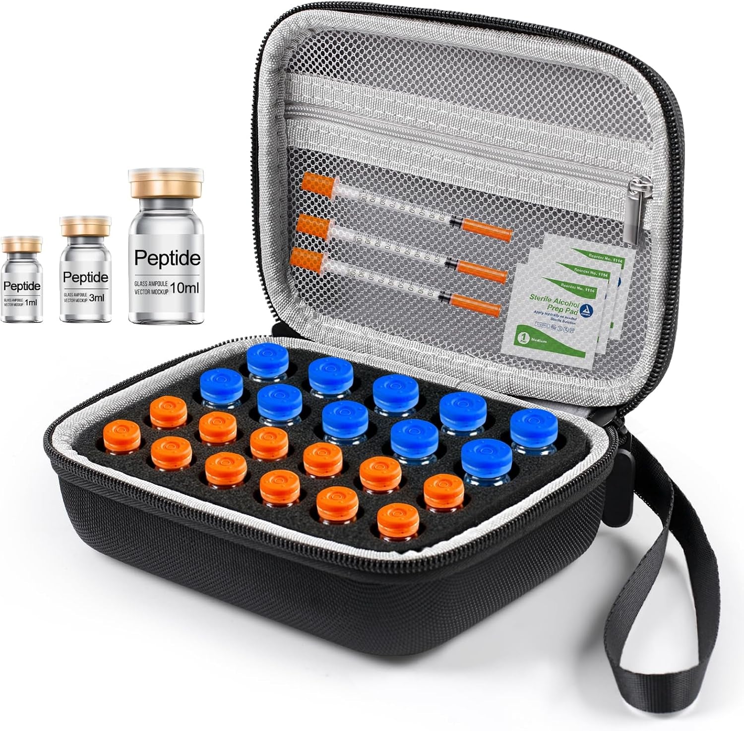 Peptide Case for Fridge, 22 Vial Case for Diabetic Insulin Storage Cases | Vial Case for Fridge Storage Standard 1Ml 3Ml 5Ml 10Ml Diabetes Medication Organizer Peptide Vial Holder W/Strap & Meshpocket